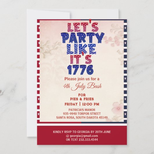1776年のシャビーなシックな1776年7月4日のようなパーティー 招待状 (正面)