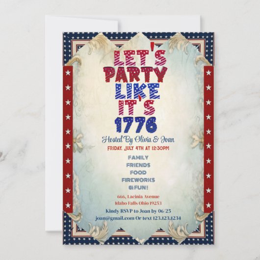 1776年のシャビー・シックな7月4日のようなパーティー 招待状 (正面)