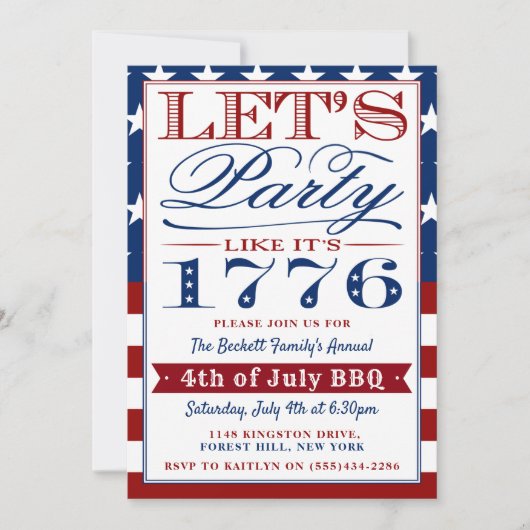 1776年のパーティーを見よう | 7月4日パーティー 招待状 (正面)