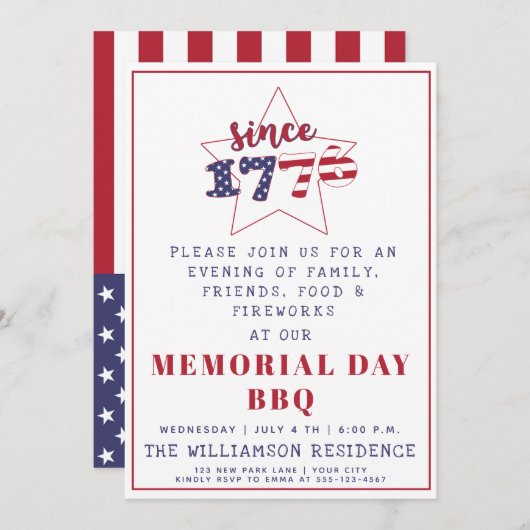 1776年以来 – 愛国的な米国国旗のメモリアルデーBBQ 招待状 (正面/裏面)