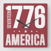 1776 アメリカ 歴史的自由 白タイポグラフィー スクエア壁時計 (正面)