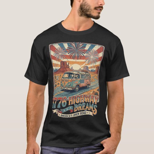 1776 ハイウェイの夢 ルート66 キャンピングカー 荒野の太陽 Tシャツ (正面)