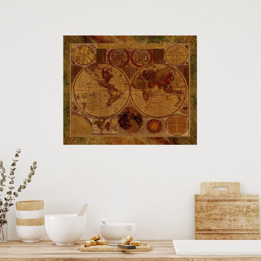 1780 Old World Map Art with Leather-effect border ポスター (キッチン)