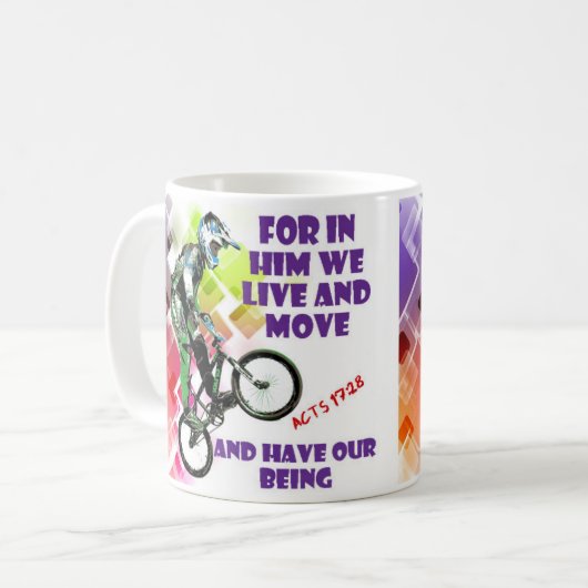 17:28の聖書のマグのマウンテンバイクは機能します コーヒーマグカップ (正面左)