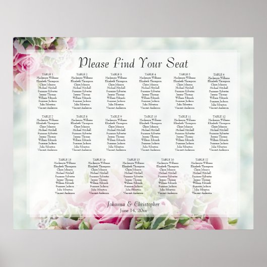 17 Table Pink Roses Wedding Seating Chart ポスター (正面)