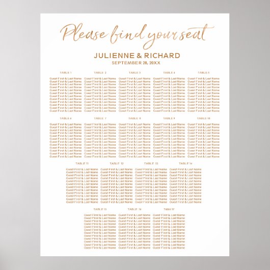 17 Tables Wedding Seating Plan Rose Gold Sign ポスター (正面)
