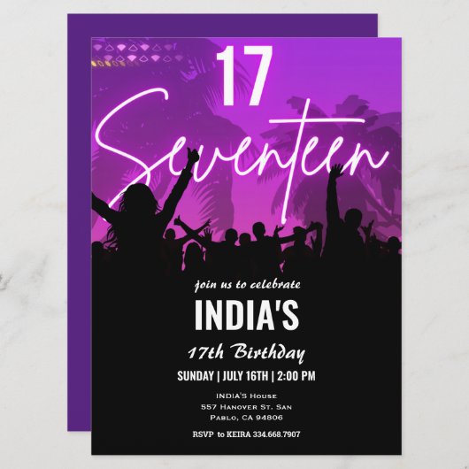 17thバースデーパーティーピンクネオン 招待状 (正面/裏面)