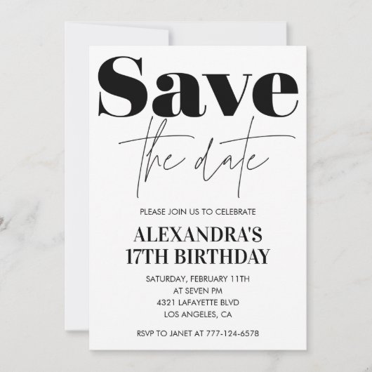 17th誕生日の招待白黒日付を保存 招待状 (正面)