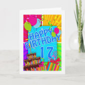 17th誕生日カード明るくカラフル – ケーキと カード (正面)