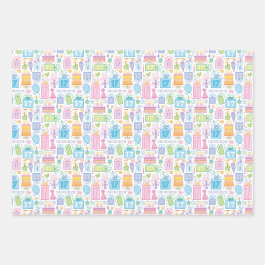 17th誕生日パステルピンクケーキプレゼントバルーン ラッピングペーパーシート (正面)