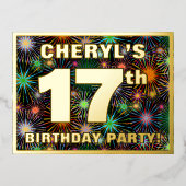 17th誕生日パーティーはっきりした:, カラフル Fireworks Look 箔招待状ポストカード (正面)