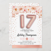 17th誕生日パーティー – バラ金ゴールドバルーン 招待状 (正面/裏面)