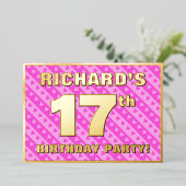 17th Birthday Party —おもしろいピンクのハートとストライプ 箔招待状 (立ち正面)