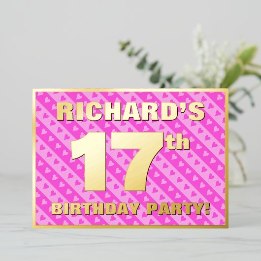 17th Birthday Party —おもしろいピンクのハートとストライプ 箔招待状 (立ち正面)