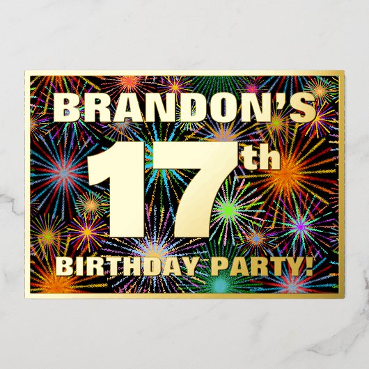 17th Birthday Party —おもしろい、カラフルFireworks Look 箔招待状 (正面)