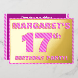 17th Birthday Party — はっきりした、おもしろい、ピンクストライプ色17 箔招待状