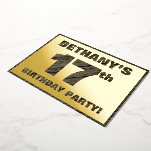 17th Birthday Party — はっきりしたWood Grainフェイク文字 箔招待状 (回転した状態)