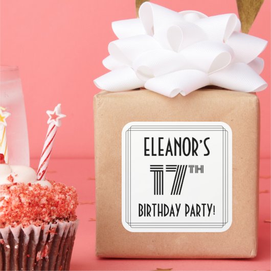 17th Birthday Party:アールデコスタイル+名前をカスタムする スクエアシール (パーティー)