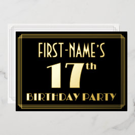 17th Birthday Party:アールデコ「17」、名前つき 箔招待状