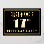 17th Birthday Party:アールデコ「17」、名前つき 箔招待状 (正面)