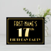 17th Birthday Party:アールデコ「17」、名前つき 箔招待状 (立ち正面)