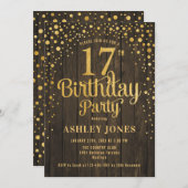 17th Birthday Party – ウッド&素朴金ゴールド 招待状 (正面/裏面)