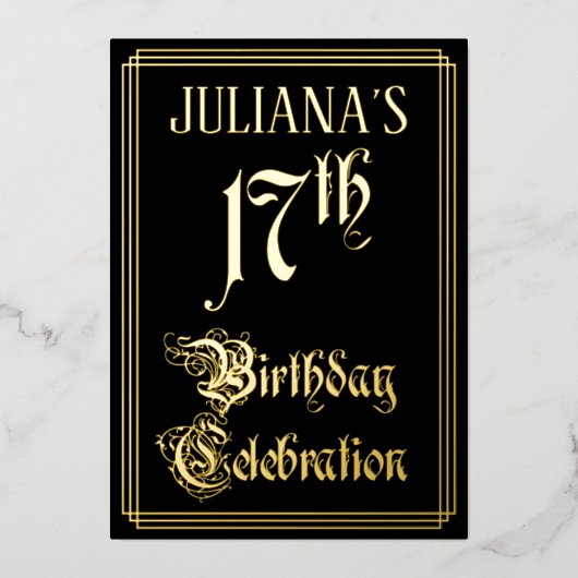 17th Birthday Party – スクリプファンシートと名前をカスタムする 箔招待状 (正面)