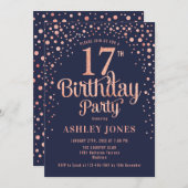 17th Birthday Party – ネイビー&バラ金ゴールド 招待状 (正面/裏面)