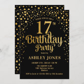 17th Birthday Party – ブラック&金ゴールド 招待状 (正面/裏面)