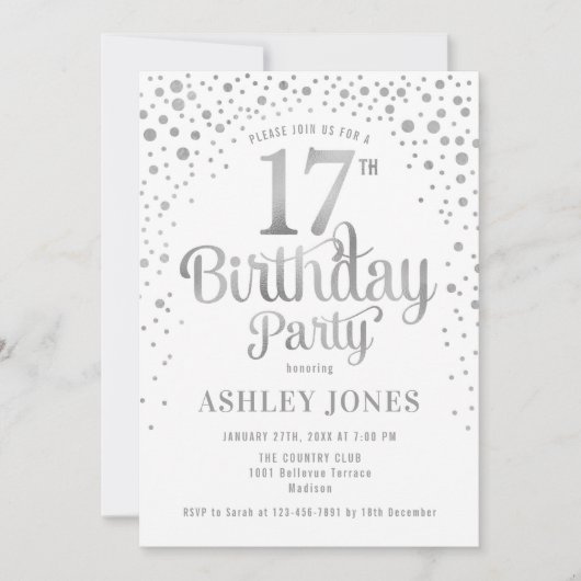 17th Birthday Party – ホワイト&シルバー 招待状 (正面)