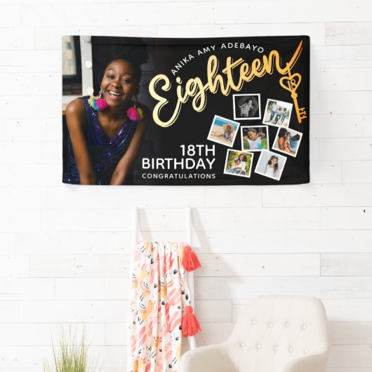 18の金ゴールド18誕生日の写真を黒に 横断幕 (インサイチュ)
