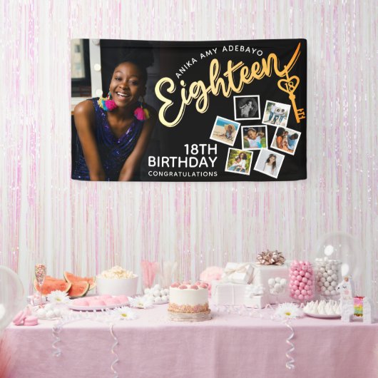 18の金ゴールド18誕生日の写真を黒に 横断幕 (パーティー)