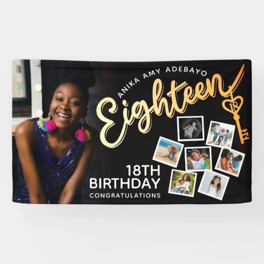 18の金ゴールド18誕生日の写真を黒に 横断幕 (横)