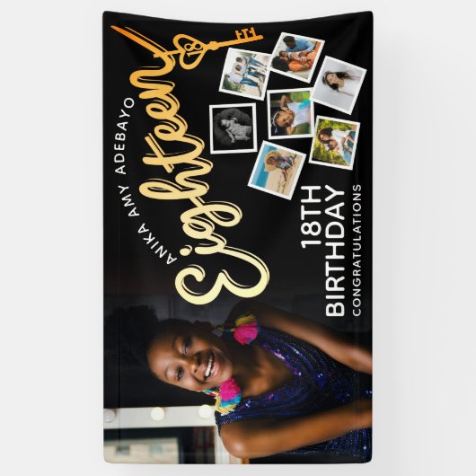 18の金ゴールド18誕生日の写真を黒に 横断幕 (縦)