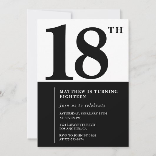 18エレガント歳の誕生日の招待状ブラックシックモダン 招待状 (正面)