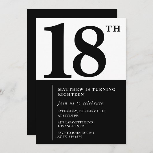 18エレガント歳の誕生日の招待状ブラックシックモダン 招待状 (正面/裏面)