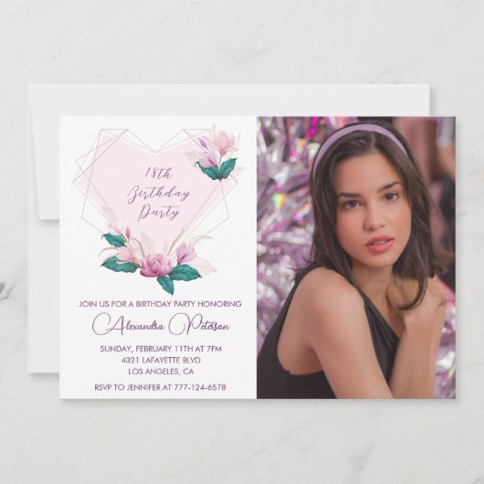 18エレガント歳の誕生日招待状フローラ写真 招待状 (正面)