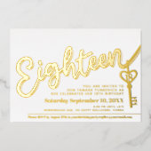 18スクリプト文字鍵18th誕生日金ゴールド白 箔招待状 (正面)