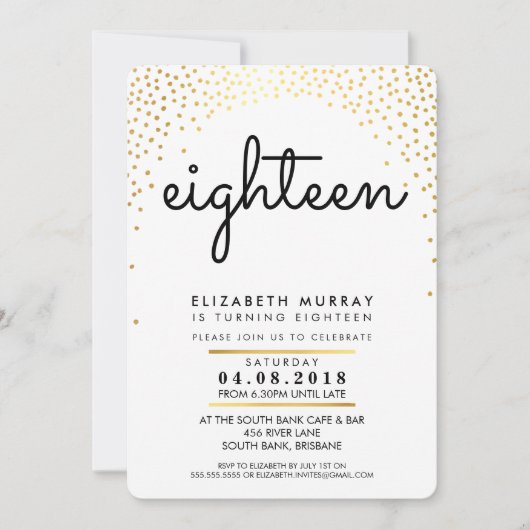 18スタイリッシュ歳の誕生日パーティー招待状金ゴールド紙吹雪 招待状 (正面)