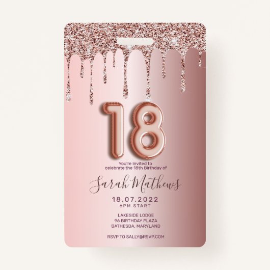 18バラ金ゴールドグリッタードリップ誕生日招待状 バッジ (裏面)