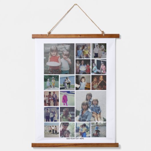 18フォトコラージモンタージュと文字 – ホワイト編集可能 吊り下げ型タペストリー (正面)