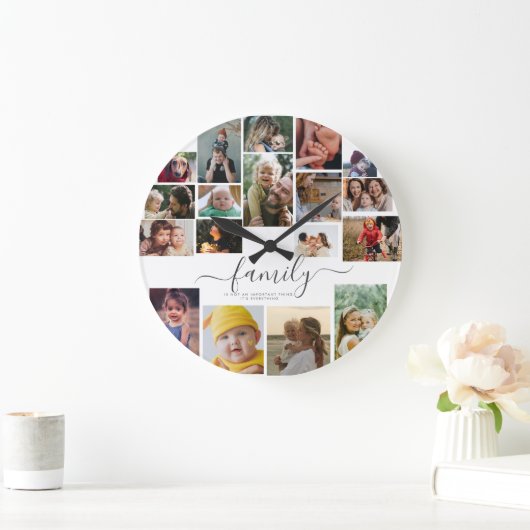 18フォトコラージュかわいい家族ラブメモリ ラージ壁時計 (ホーム)