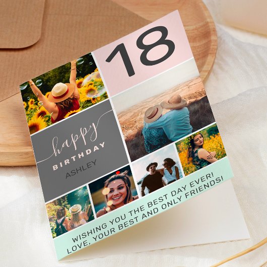 18モダン歳の誕生日ピンク6フォトコラージグリッド カード