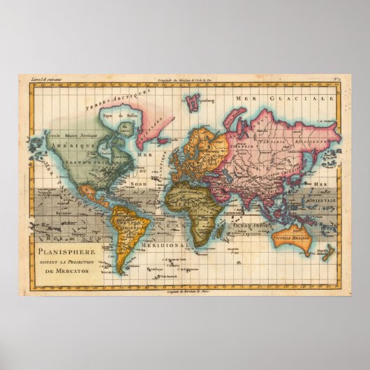 18世紀の古地図 世界地図 ポスター (正面)