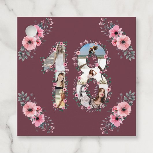 18人目の女の子誕生日フォトコラージピンクフラワー フェイバータグ (正面)