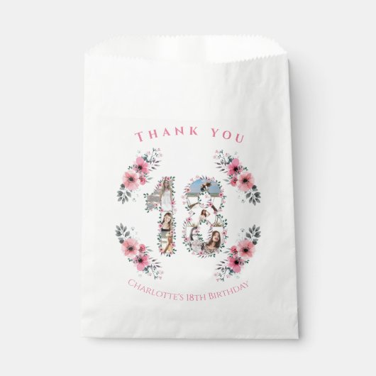 18人目の女の子誕生日フォトコラージピンクフラワー フェイバーバッグ (正面)