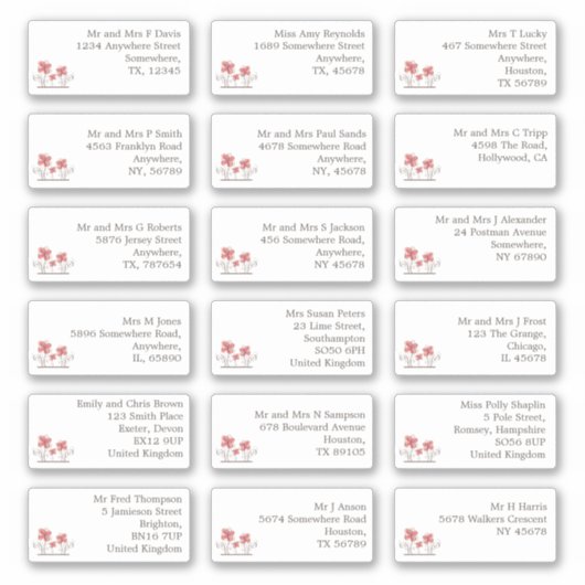 18個のゲスト結婚ネーム・アドレスの花模様 シール (正面)