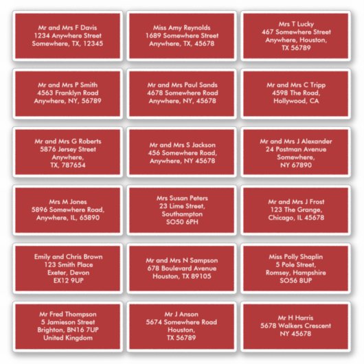 18個の受信者の名前アドレス(赤) シール (正面)