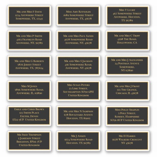 18個の受信者名アドレス金ゴールドブラック シール (正面)