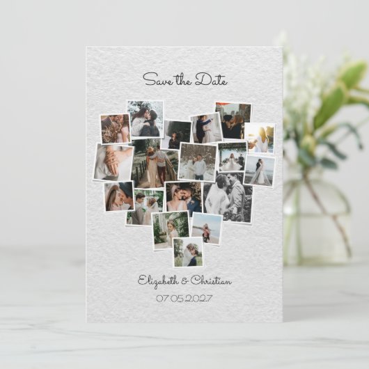 18写真コラージュハート図形の日付の保存 招待状 (スタンド正面)